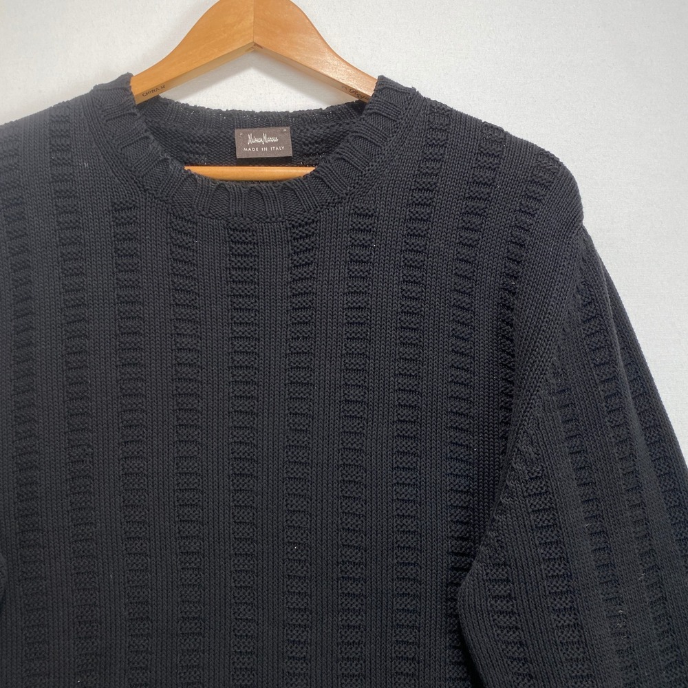 Neiman Marcus Mens sz L Black  Cotton Textured Knit Crew Sweater Made in Italy